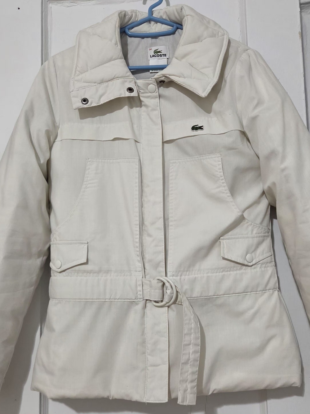 Lacoste Women's Cream Belted Quilted Puffer Jacket